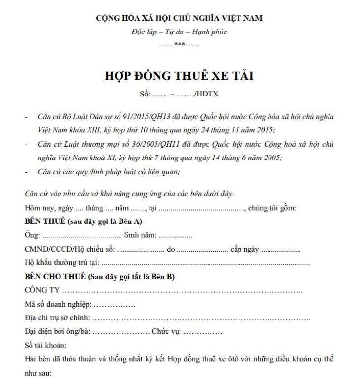 Hợp đồng thuê xe tải là văn bản thể hiện sự thỏa thuận giữa bên cho thuê và bên thuê