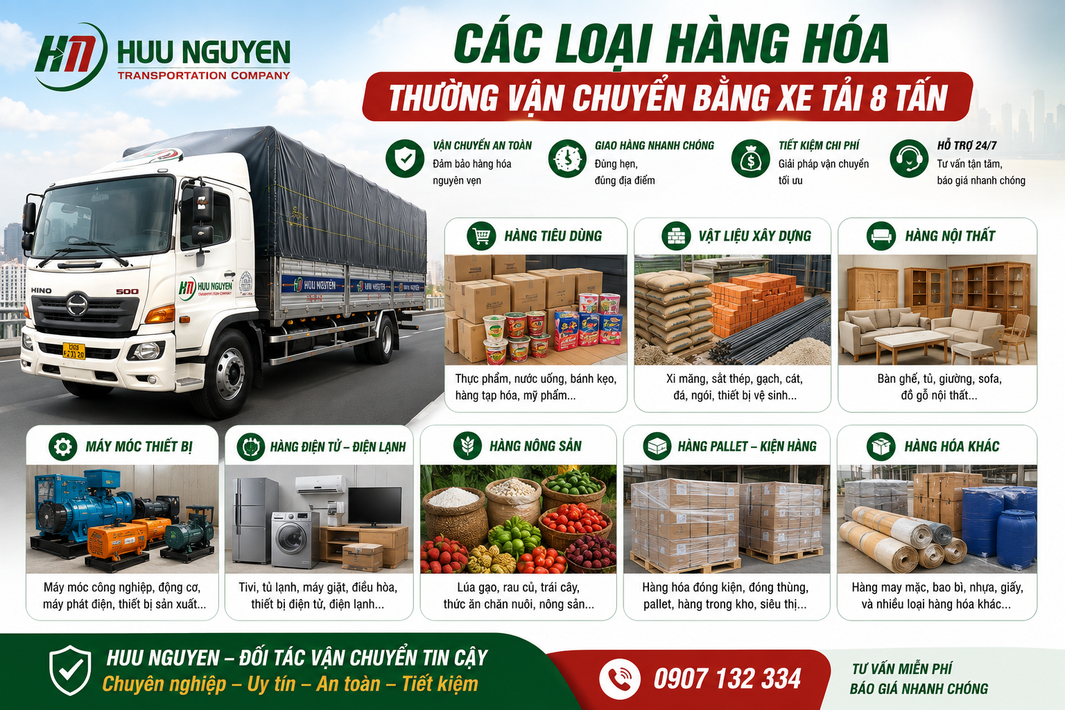 Các loại hàng hóa thường vận chuyển bằng xe tải 8 tấn 